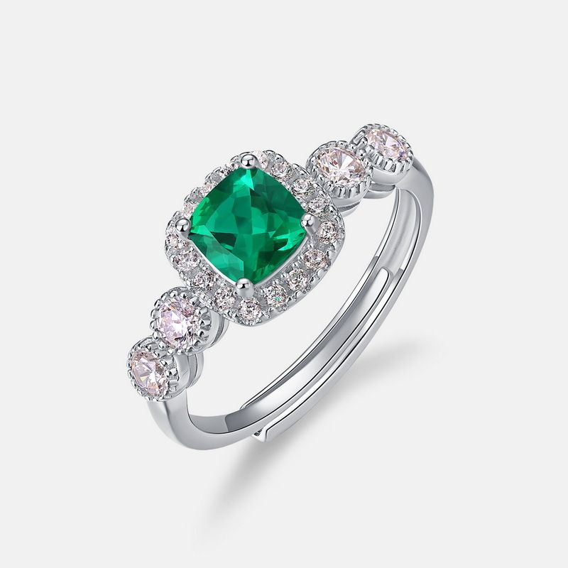 Fat square cultivated emerald ring S925 silver inlaid diamond colored gemstone open finger ring retro light luxury_ipsvogv.com