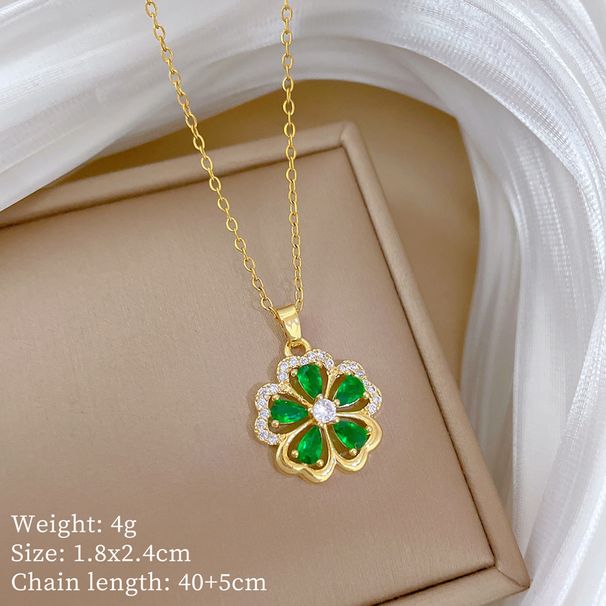 Steel 【 Titanium 】 Five Leaf Flower Green Light Luxury Temperament Gorgeous Full Diamond Necklace Women's Versatile 【 】_ipsvogv.com