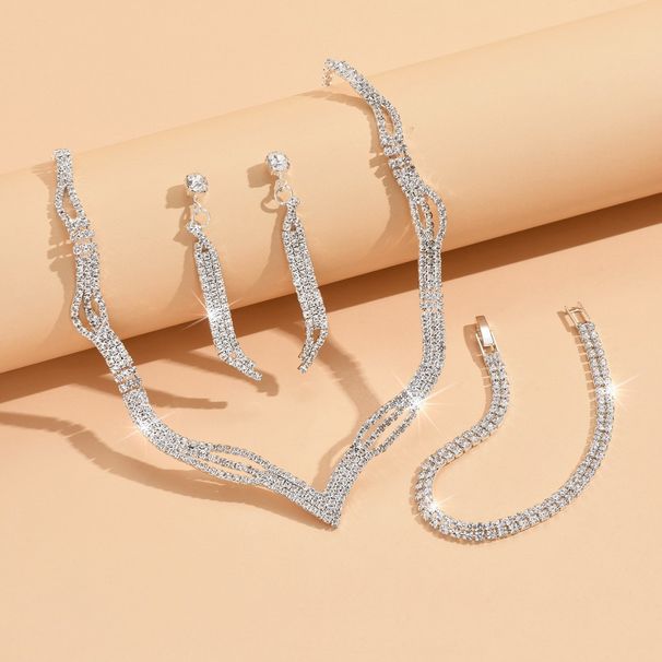 2025 Super Shiny Rhinestone Necklace Earrings Bracelet Fashion Collarbone Chain Bridal Jewelry Three-Piece Set_ipsvogv.com