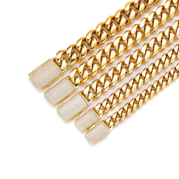 Men's Jewelry Hip Hop K Gold Plated Stainless Steel Cuban Chain Micro Inlaid Zircon Buckle Necklace_ipsvogv.com
