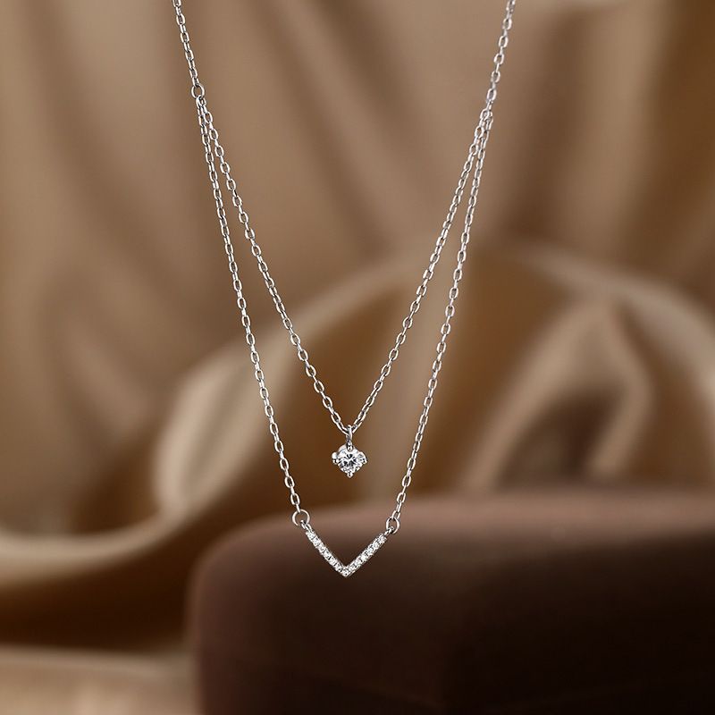 Japanese Korean V-shaped Double Layered Necklace Women's Style, Light Luxury And High-end Feel, Inlaid With Zircon_ipsvogv.com
