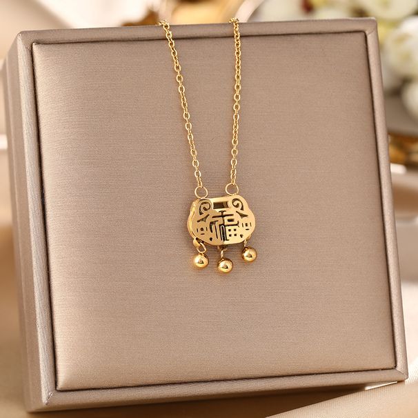 Chinese Style Internet Celebrity Titanium Steel Necklace, Feminine Temperament, Lucky Character, Long Life Lock Pendant,_ipsvogv.com