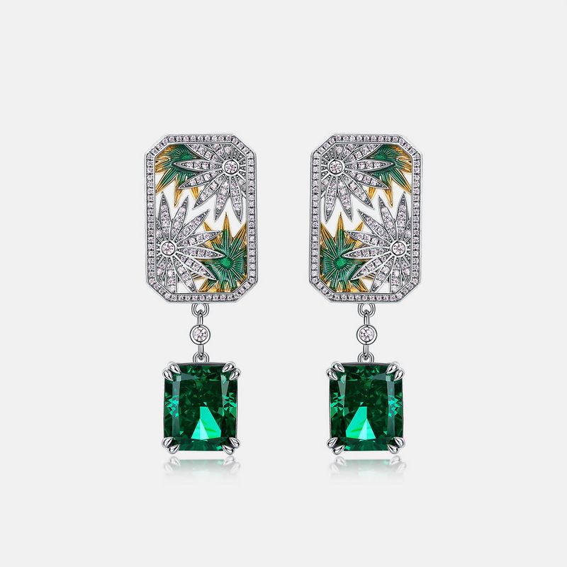 Geometric Emerald Green High Carbon Diamond Earrings S925 Silver Colored Gem Light Luxury Earrings Retro All Match_ipsvogv.com