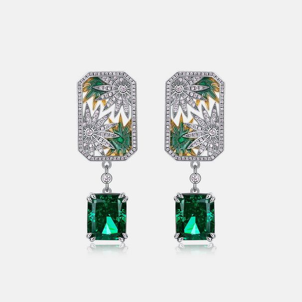 Geometric Emerald Green High Carbon Diamond Earrings S925 Silver Colored Gem Light Luxury Earrings Retro All Match_ipsvogv.com