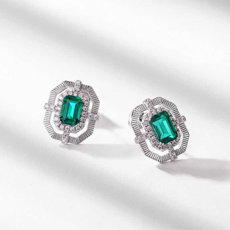 Brushed Craft Fashion Earrings S925 Silver Inlaid Octagonal Cultivated Emerald Retro Earrings_ipsvogv.com