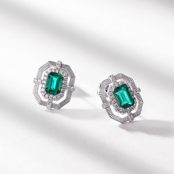 Brushed Craft Fashion Earrings S925 Silver Inlaid Octagonal Cultivated Emerald Retro Earrings_ipsvogv.com