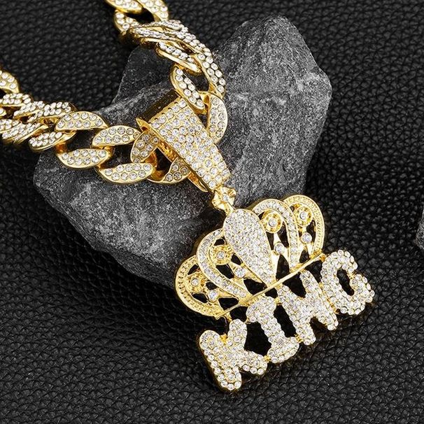 Unisex Niche Personality Hip Hop KING Letter Crown Pendant Cuban Chain Retro Letter Environmentally Friendly Alloy Jewelry Necklace_ipsvogv.com