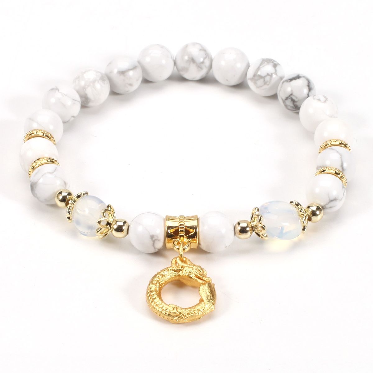 Ancient Golden Dragon Head Pendant 8mm Round Beads Natural Stone Bracelet Female Elastic Adjustable_ipsvogv.com