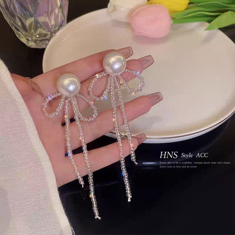 Unisex New Summer Tassel Bow Earrings Pearl Temperament Advanced Korean Net Earrings Ear Clips_ipsvogv.com
