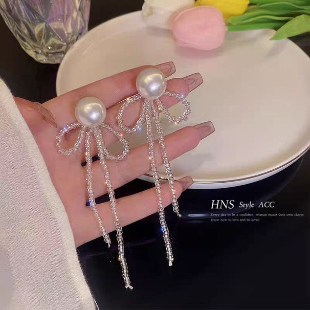 Unisex New Summer Tassel Bow Earrings Pearl Temperament Advanced Korean Net Earrings Ear Clips_ipsvogv.com