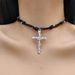 Dark Gothic Style Silver Winding Cross Pendant Necklace With Niche Design, Black Braided Leather Rope Collarbone Chain_ipsvogv.com