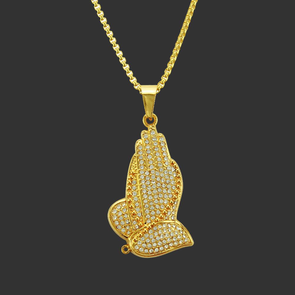 Hip Hop Rapper Exaggerated Diamond Prayer Hand Pendant Necklace Street Trendsetter Personality Accessory_ipsvogv.com