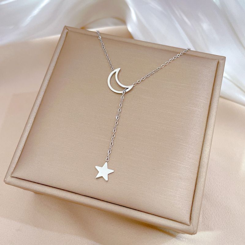 【 Full Body Titanium Steel 】 Star Moon Geometry Niche Design Minimalist Pendant Short Collarbone Chain Korean Version_ipsvogv.com