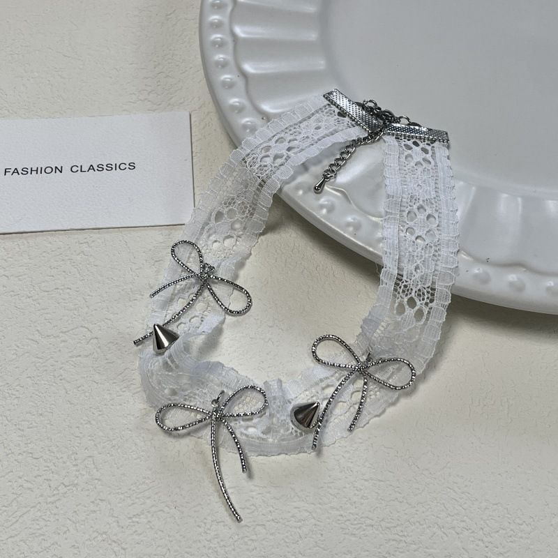 Fashion Lace Bow Rivet Pentagram Tassel Necklace For Women Double Layer Choker Design Sense Collarbone Chain_ipsvogv.com