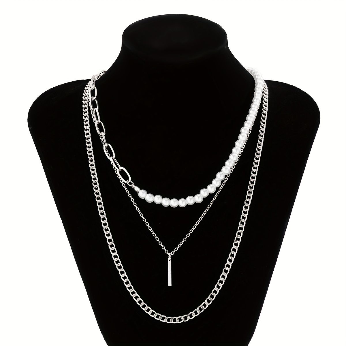 1pc Multilayer Necklace Classic Geometric Stick Pendant Necklace For Men Punk Half Pearl Cuban Link Chain Choker Necklace Party Jewelry_ipsvogv.com
