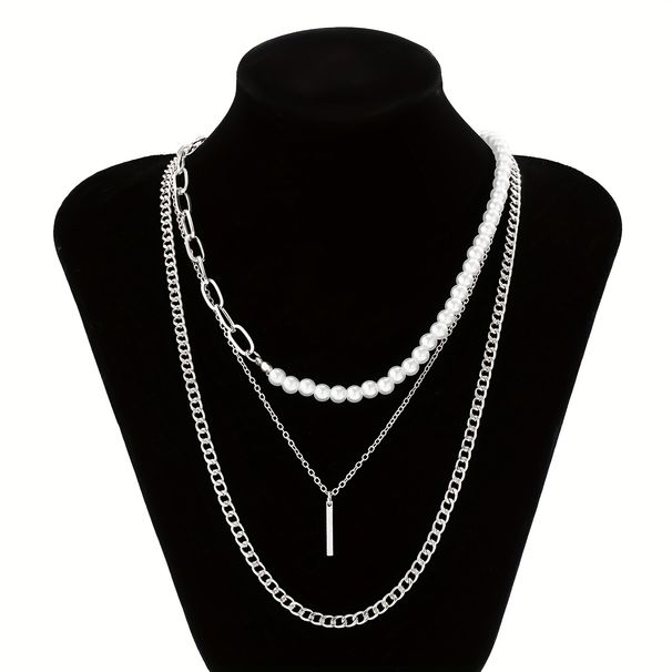 1pc Multilayer Necklace Classic Geometric Stick Pendant Necklace For Men Punk Half Pearl Cuban Link Chain Choker Necklace Party Jewelry_ipsvogv.com