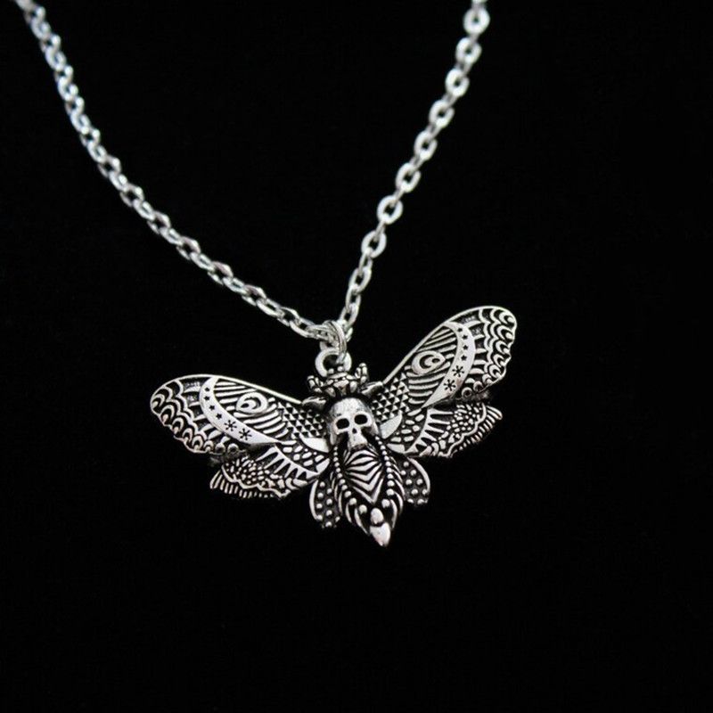 Necklaces Gothic Silver Moth Skull Pendant Necklace_ipsvogv.com