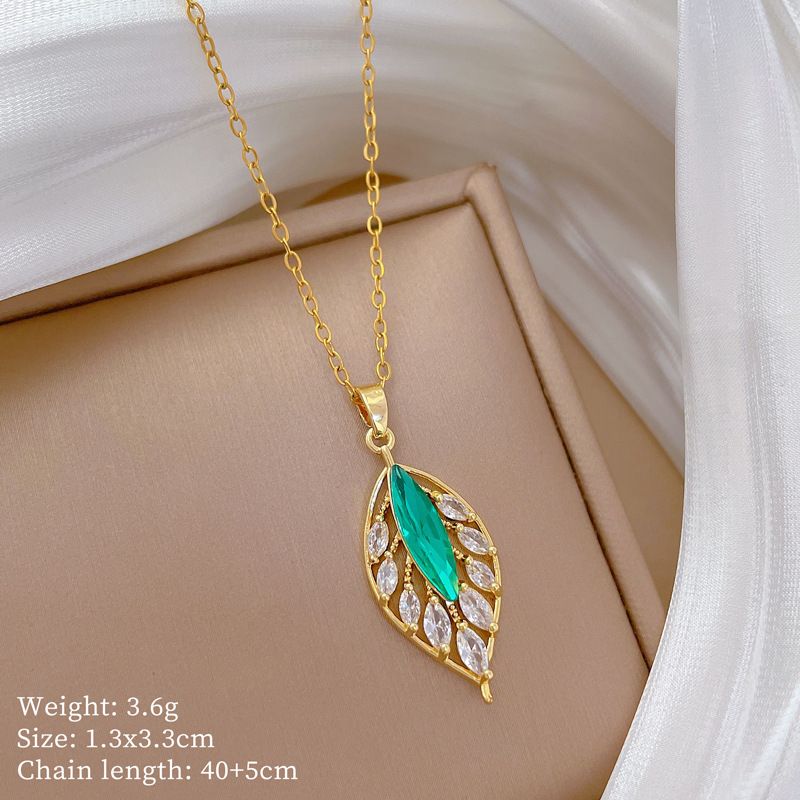】 Blue 【 Leaf Personalized Light Luxury Charm Gorgeous Full Diamond Necklace Women's Versatile Clavicle Chain Titanium 【 】_ipsvogv.com
