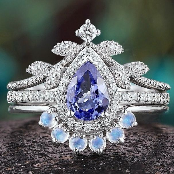 Sanjie's New Blue Ring Alloy Inlaid With Water Droplet Zircon Three Piece Ins Jewelry Set For Women_ipsvogv.com