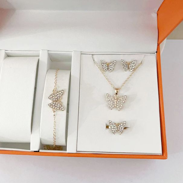 New full diamond butterfly set necklace bracelet ring earrings exquisite jewelry four piece set_ipsvogv.com