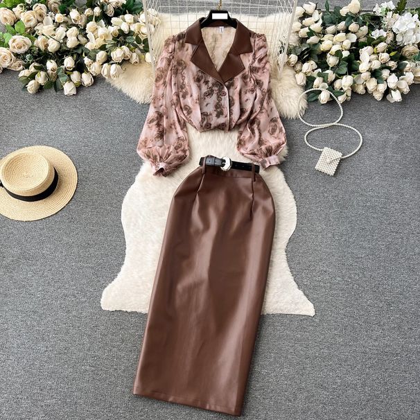 Women's Clothing Hong Kong style chic suit collar floral chiffon shirt high waist tight PU leather skirt female high end outfit two piece suit_ipsvogv.com