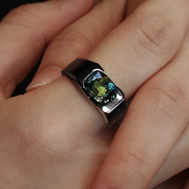 Black Warrior Square Ring, Men's Middle Ancient Style Set With Green Zircon, Dominating Personality And Temperament,_ipsvogv.com