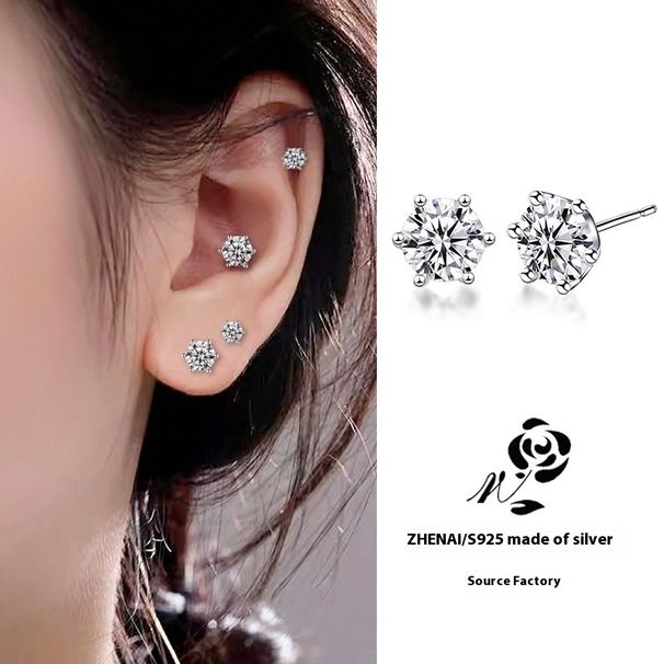 S pure six claw Mosang stone , niche, simple silver earplugs, two ear bone studs, versatile for men and women's_ipsvogv.com