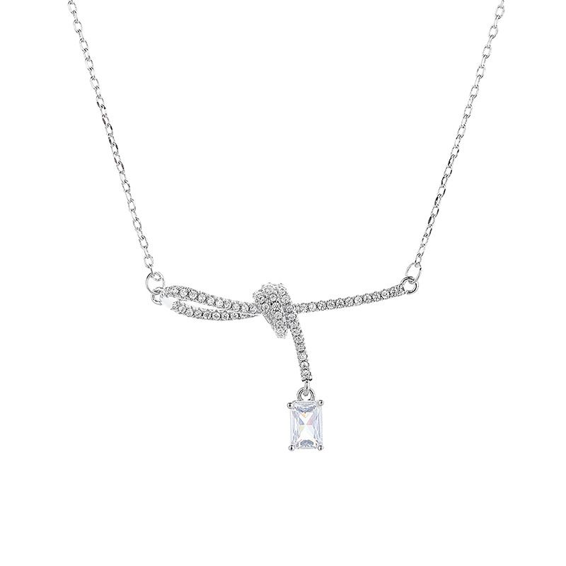 Micro Pave Full Diamond Ribbon Knot French Style Elegant Collarbone Chain Necklace For Women Light Luxury High-end_ipsvogv.com