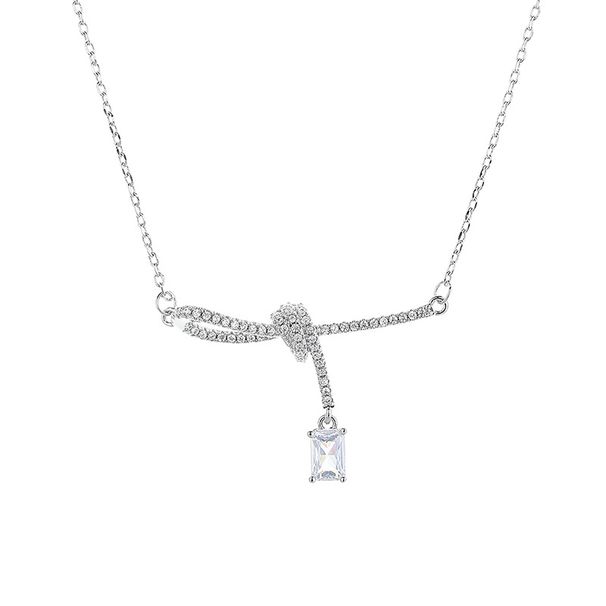 Micro Pave Full Diamond Ribbon Knot French Style Elegant Collarbone Chain Necklace For Women Light Luxury High-end_ipsvogv.com