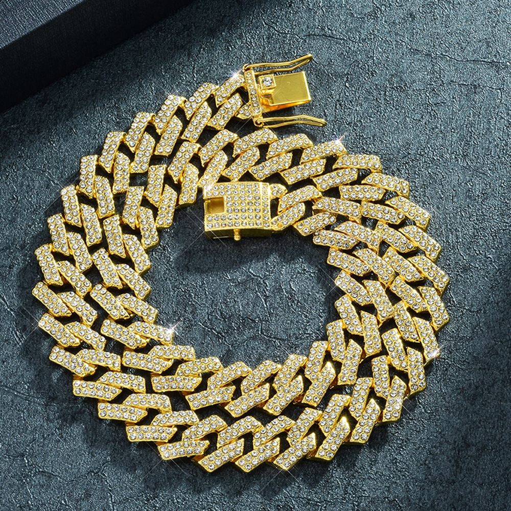 Hip Hop 15mm Bar Full Diamond Cuban Chain Trendy Brand Personality Alloy Rhinestone Necklace_ipsvogv.com