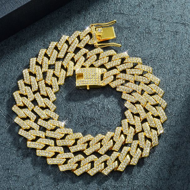 Hip Hop 15mm Bar Full Diamond Cuban Chain Trendy Brand Personality Alloy Rhinestone Necklace_ipsvogv.com