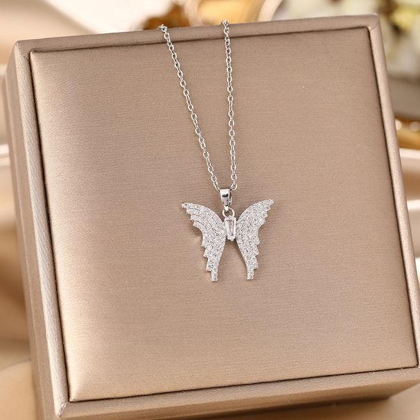 Korean Dongdaemun Titanium Steel Necklace With Elegant Feminine Style, Diamond Studded Butterfly Pendant, Versatile,_ipsvogv.com