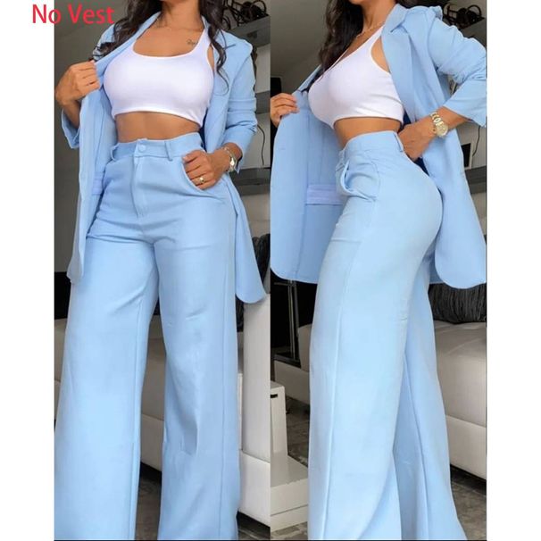 Women's Elegant Solid Color Slit Lapel Suit with Pockets Straight Leg Pants Two Piece Suit (No Vest)_ipsvogv.com