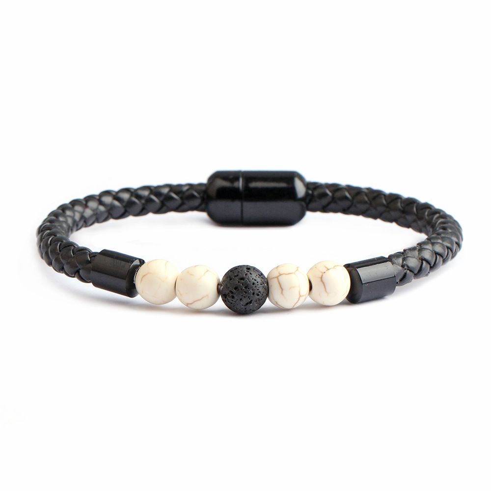New Arrival Fashion Personality Men's Stone Beaded Leather Cord Magnetic Clasp Bracelet_ipsvogv.com
