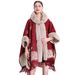 loose plaid plus velvet thick fur collar knitted shawl cape women's woolen shawl coat_ipsvogv.com