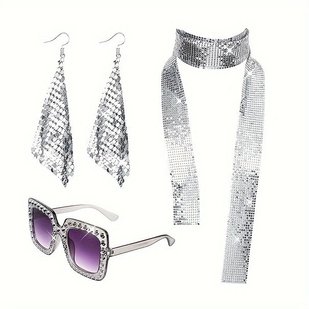 Sparkling Party Aluminum Mesh Accessories Set 70S Retro Disco Style Silver Plated Sequin Accessories_ipsvogv.com