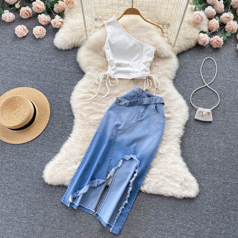 Women's Smocked Strappy Shoulder Vest Irregular Raw Edge Slit Denim Skirt Two-piece Set_ipsvogv.com