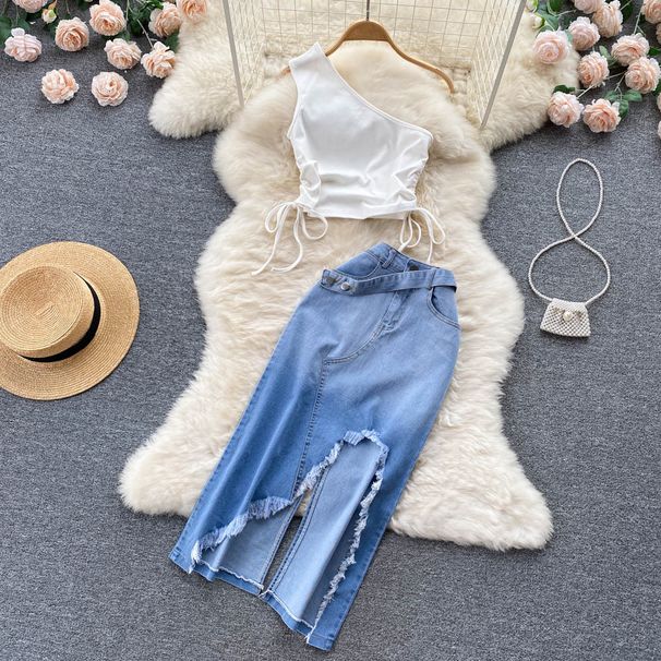 Women's Smocked Strappy Shoulder Vest Irregular Raw Edge Slit Denim Skirt Two-piece Set_ipsvogv.com