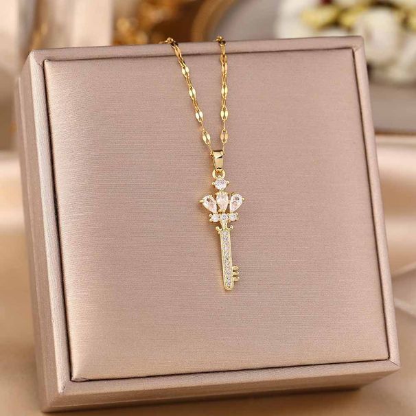 Korean Version Of Ins Simple Zircon Crown Key Pendant Titanium Steel Necklace For Women's High-end Feel Without Fading_ipsvogv.com
