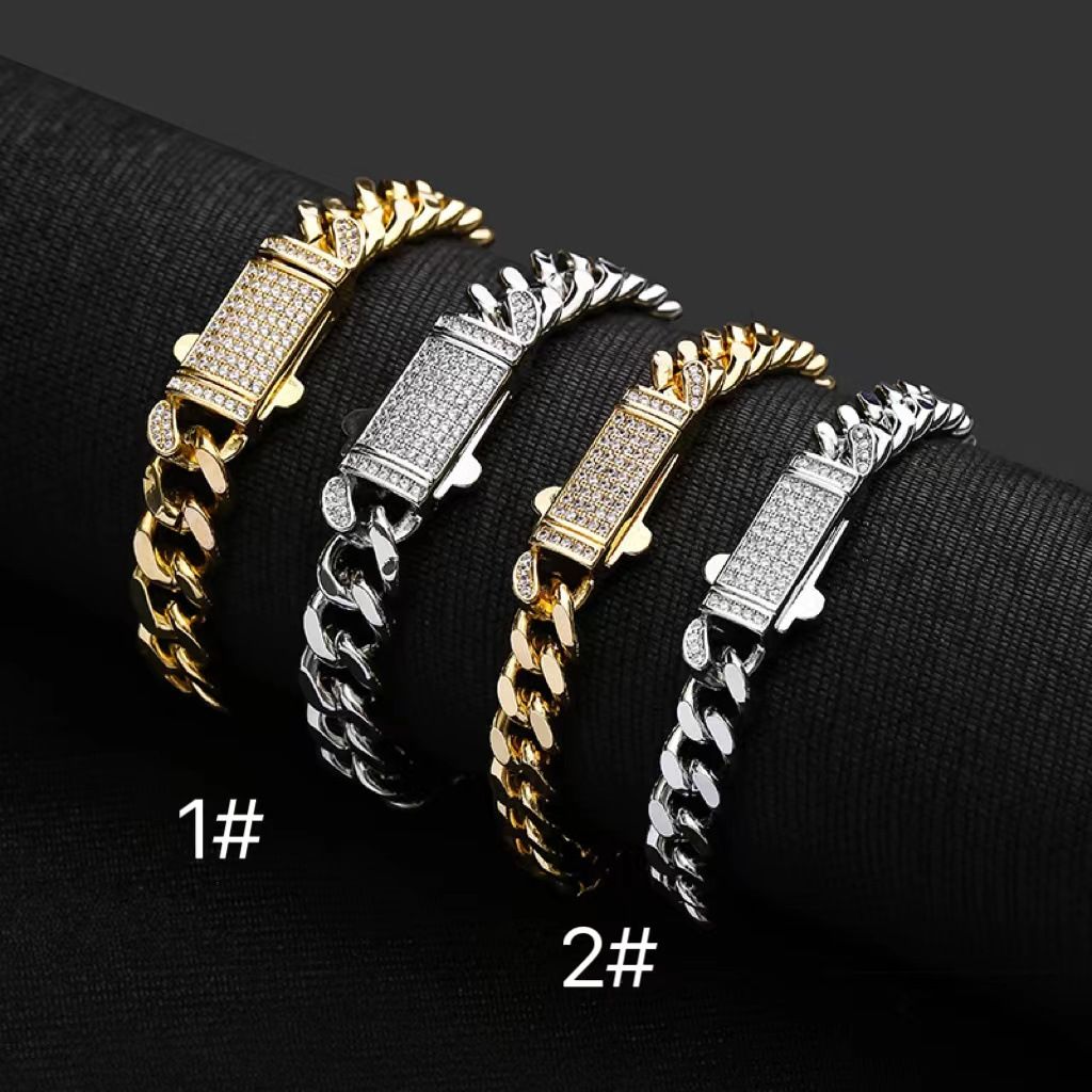 Men's Jewelry Copper Inlaid Zircon Color Preserving Cuban Chain Bracelet Hip Hop Men's Bracelet Spring Buckle Round Grinding Encryption Couple Jewelry_ipsvogv.com