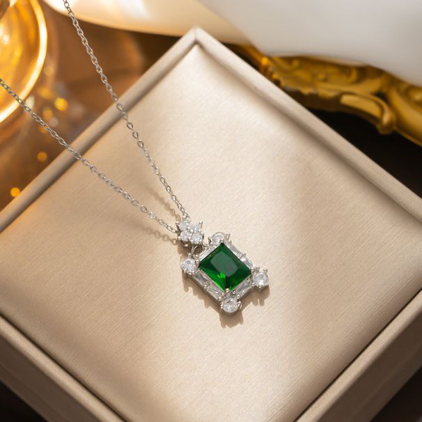 New Fashion Necklace Simple Emerald Square Zircon Pendant High Quality Titanium Steel Necklace_ipsvogv.com