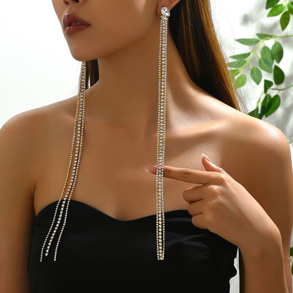 Ins Geometry Fashion OL Inlaid Long Women's with Personalized Versatile Tassel and Niche Design Earrings_ipsvogv.com