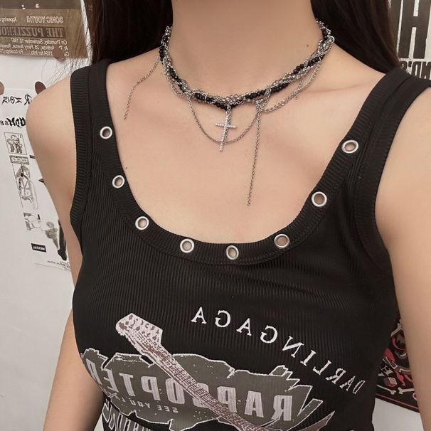 Gothic Punk Style Cross Pearl Tassel Necklace Female Niche Dark Heavy Clavicle Chain Jewelry_ipsvogv.com