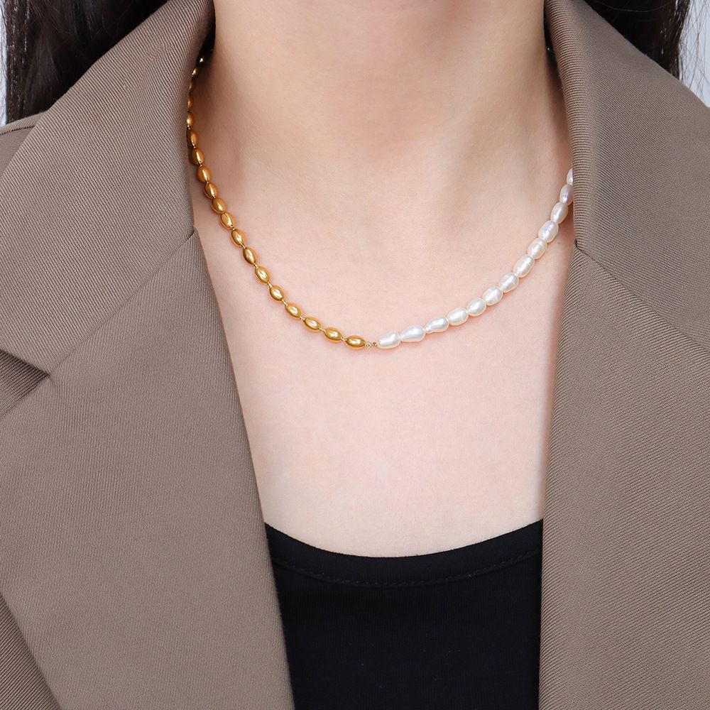 French Ins Minimalist Niche Design Titanium Gold Freshwater Pearl Splicing Steel Bead Necklace Jewelry_ipsvogv.com