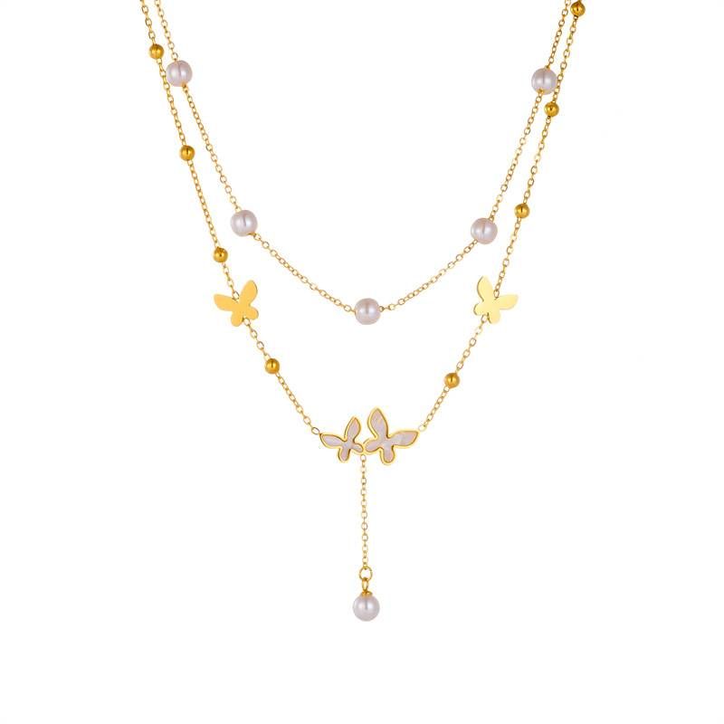 Fashion niche retro simple double layer wear pearl butterfly accessory chain stainless steel gold plated jewelry necklace_ipsvogv.com