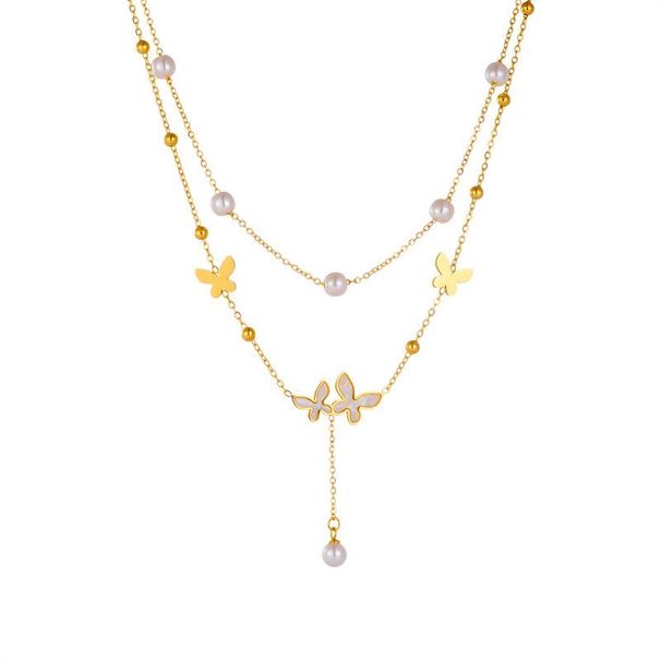 Fashion niche retro simple double layer wear pearl butterfly accessory chain stainless steel gold plated jewelry necklace_ipsvogv.com