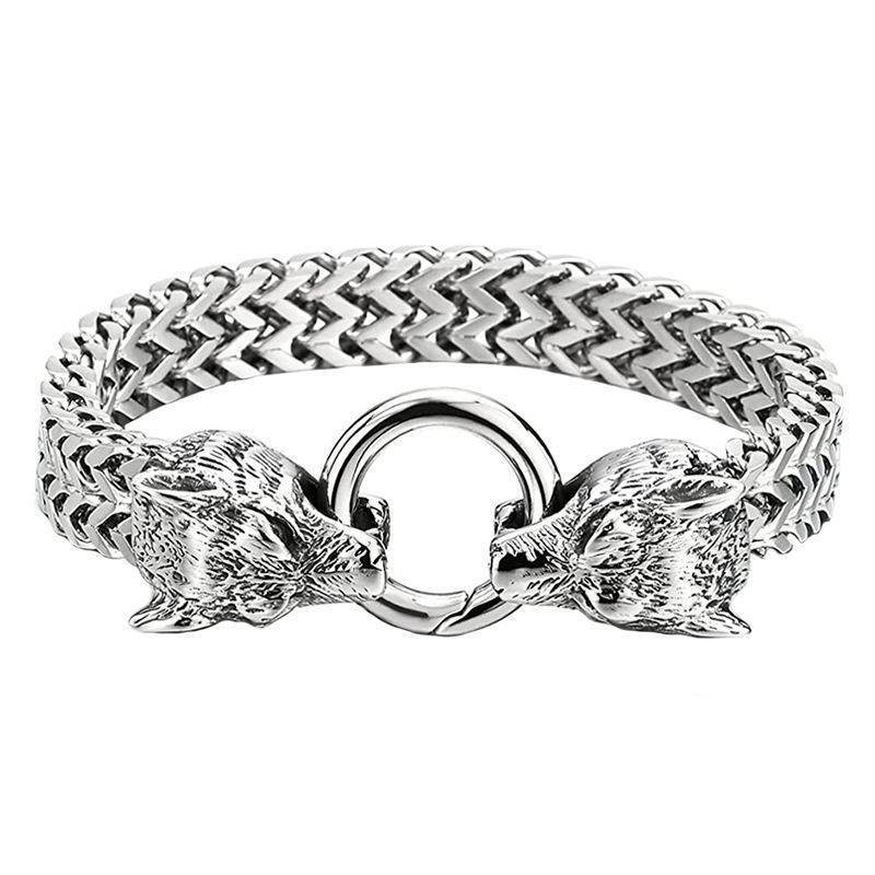 Stainless Steel Personality Viking Wolf Head Franco Link Chain Bracelet For Men_ipsvogv.com