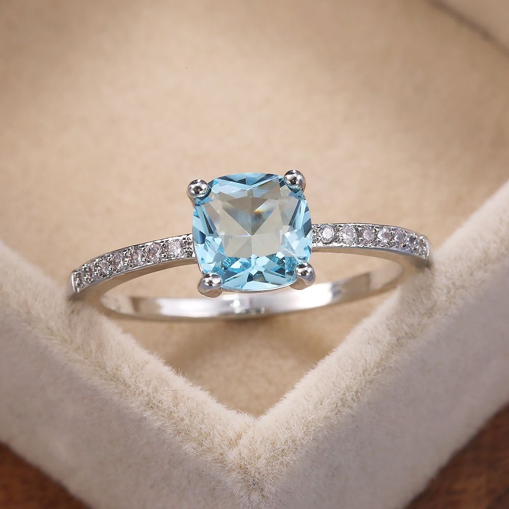 Cao Shi Jewelry Micro Set Zircon Blue Square Diamond For Women's Simple Engagement Ring_ipsvogv.com