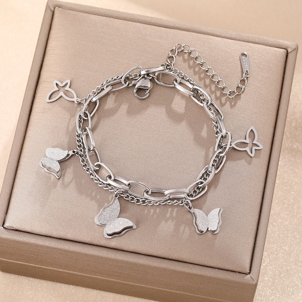 Double Layer Titanium Steel Bracelet For Women With Niche Design, Multi-layer Frosted Butterfly Fashion And Personalized_ipsvogv.com
