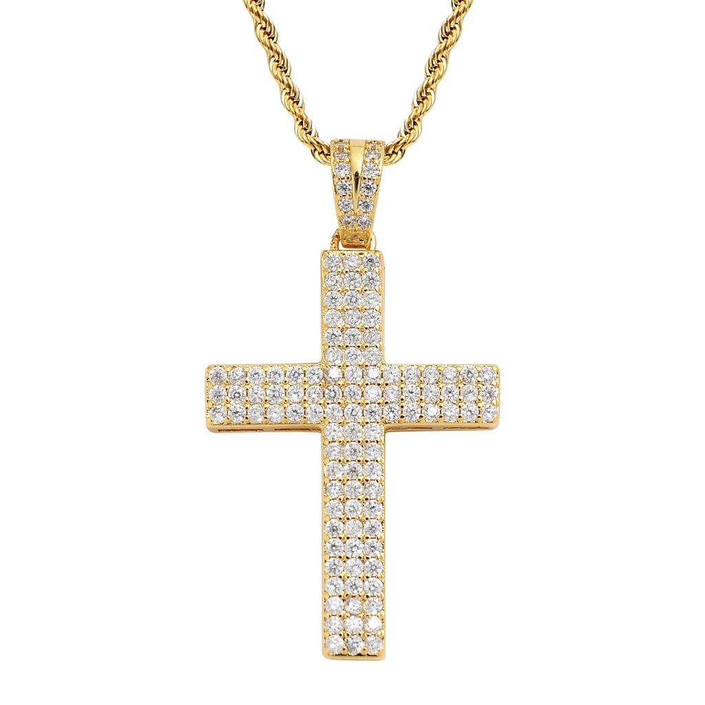 necklace men's three row zircon cross hip hop pendant men's trendy hiphop popular accessories_ipsvogv.com